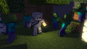 Minecraft玩家手持火炬喺黑暗森林中面對逼近嘅喪屍。 — 我的世界 壁紙