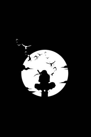 以滿月為背景，持劍人物的剪影與飛鳥。 — 火影忍者 supreme 壁紙