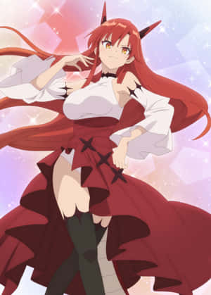 動漫女孩，紅髮有角，身穿紅白服裝，動態擺姿勢。 — Galaxy Z TriFold 壁紙