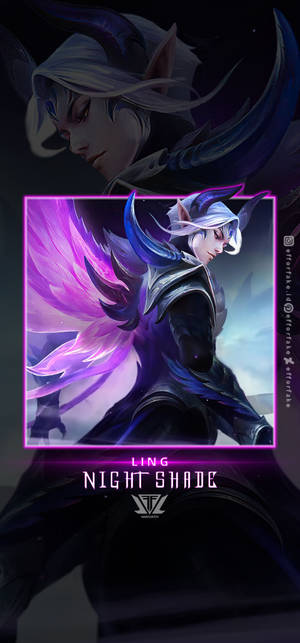 動漫角色 Ling Night Shade，擁有紫色翅膀和銀色頭髮，身處黑暗奇幻場景。 — iPhone 18 壁紙