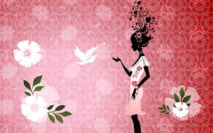 優雅的花卉頭髮女人在粉紅花叢中放出一隻白鴿。 — 美學女孩 壁紙