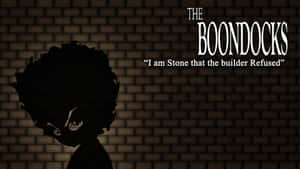 一個擁有非洲髮型的兒童剪影，背景是磚牆，並帶有《The Boondocks》的標題和引文。 — 鄉下地方 壁紙