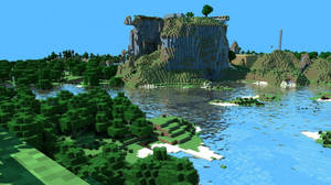 Minecraft世界，有森林、河流同懸崖，喺藍天下 — 山景 壁紙