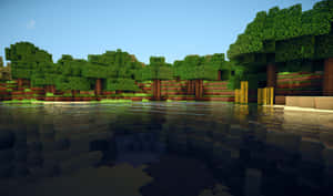 Minecraft森林場景，在清澈藍天下有樹木和水。 — 插畫 壁紙