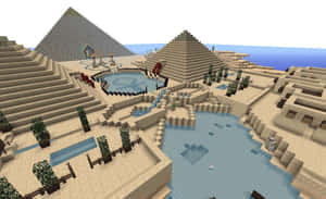 Minecraft沙漠，有金字塔、水道和棕櫚樹。