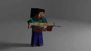 Minecraft角色在灰色工作室環境中拿著突擊步槍 — 我的世界 壁紙