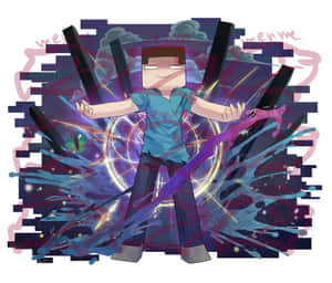 在宇宙場景中被發光魔法能量包圍的Minecraft角色。 — 劍 壁紙