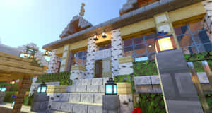 Minecraft房屋，有石階、發光燈籠和綠植，藍天下 — 城堡 壁紙