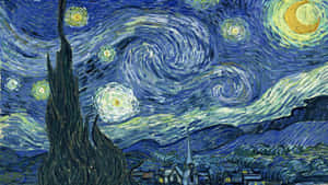 扭曲的星星和月亮在村莊上空，一棵高大的柏樹在充滿活力的夜空下。 — 抽象藝術 壁紙