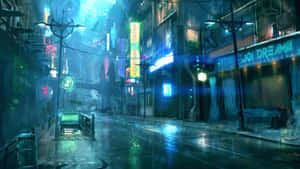 未來城市街道夜景，霓虹招牌在濕路面上反射。