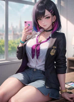 穿著校服的動漫女孩在室內靠近窗戶自拍。 — 東京喰種角色 壁紙