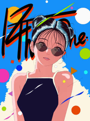 動漫女孩，藍色頭髮和太陽眼鏡，在色彩繽紛的幾何背景中。 — iPad Pro 13 壁紙