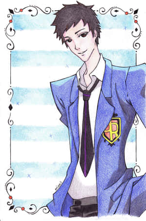動漫男孩身穿藍色校服西裝外套，帶徽章和紫色領帶，背景為條紋。 — 小米18 Fold 壁紙