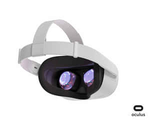 白色Oculus VR頭戴式裝置，帶有發光的紫色鏡頭，置於白色背景上。 — 5:4 壁紙
