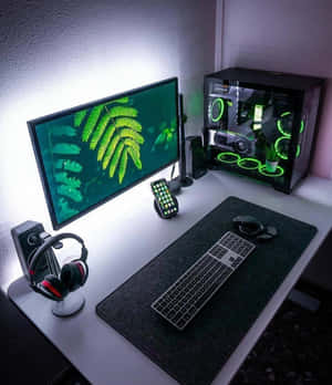 在環境光下的遊戲桌，配有 RGB PC、顯示器和周邊設備。 — 小米Mix Flip 2 壁紙