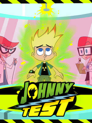 Johnny Test 卡通角色在實驗室中，有綠色能量，兩邊有兩位科學家。 — Kindle Paperwhite 壁紙
