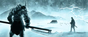 惡魔戰士和武士在暴風雪中的白雪覆蓋山村裡面對面站立。 — 2560x1080 壁紙