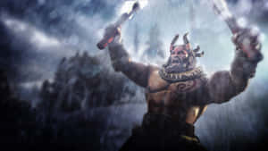 一個有角的戰士在暴風雨場景中揮舞兩把斧頭。 — Vinland Saga GIF 壁紙