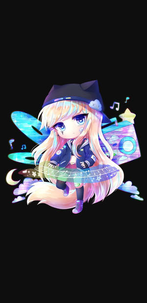 有貓耳的動漫女孩在音符和星星環繞下彈奏發光的結他。 — Gacha life GIF 壁紙