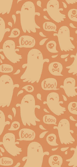 萬聖節壁紙，橙色背景上有可愛的鬼魂和骷髏在說「Boo」。 — OnePlus 壁紙