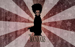 一個有非洲式頭髮的小孩在星光燦爛的太陽光背景下，帶有'The Boondocks'文字。 — 鄉下地方 壁紙