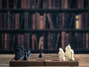 書架前的木製棋盤上的棋子。 — 國際象棋 壁紙