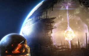 未來城市從行星升起，帶有發光能量球體 — 1280x800 壁紙