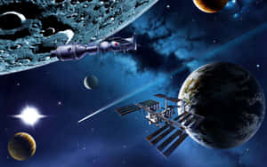 太空站和太空船繞地球運行，背景有月球和星星。 — 太空人 壁紙