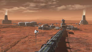 火星上的未來主義太空站，在紅色沙漠景觀中有煙囪和管道。 — 火星 GIF 壁紙