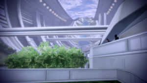 兩人在未來主義白色建築的陽台上，有綠色植物和天空景觀。 — 質量效應 壁紙