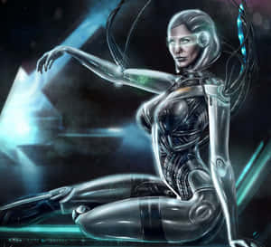 一個在科幻場景中發光的未來女性機械人。 — 質量效應 壁紙