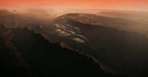 未來火星殖民地，在黃昏時分有發光的燈光和飛行車輛。 — 火星 GIF 壁紙