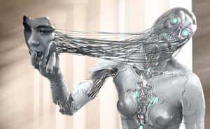 一個發光眼睛和暴露電線的機械人形象，向人類面孔伸手。 — 1280x800 壁紙