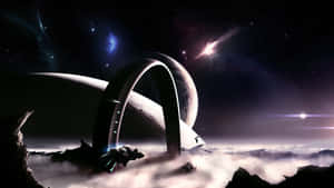 在星空宇宙景觀中，從雲層升起的未來風格拱門。 — 星星 壁紙
