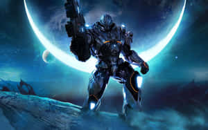 未來風格裝甲戰士在異星行星上持武器，下方是發光月亮。 — Xbox GIF 壁紙