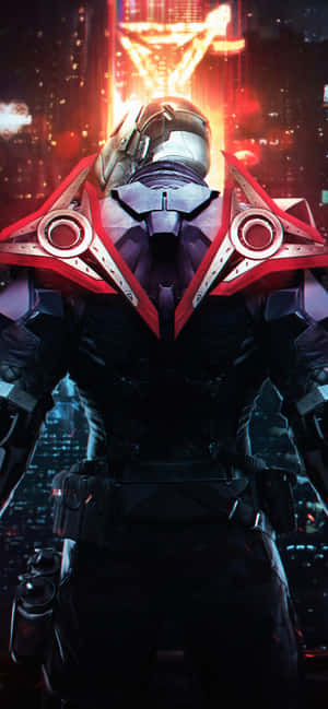 未來風格的裝甲戰士在夜晚的賽博龐克城市中，有霓虹燈光。 — iPhone 14 Pro Max 壁紙