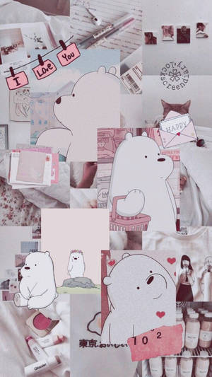 床上 We Bare Bears 角色、手寫筆記和化妝品的粉彩色拼貼。 — 拼貼 GIF 壁紙