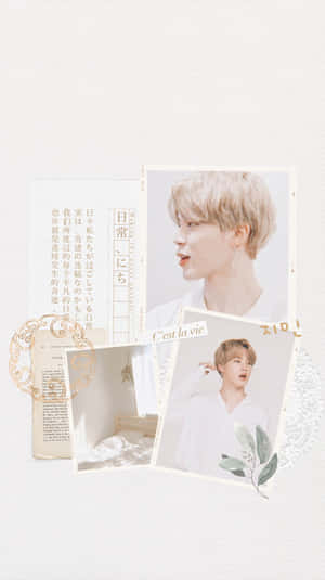 身穿白襯衫的年輕男子的拼貼畫，帶有日文字句和裝飾元素。 — Jimin GIF 壁紙
