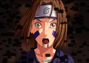 動漫忍者女孩對著黑暗像素背景大喊Kakashi，嘴邊滴著血。 — 火影忍者 壁紙