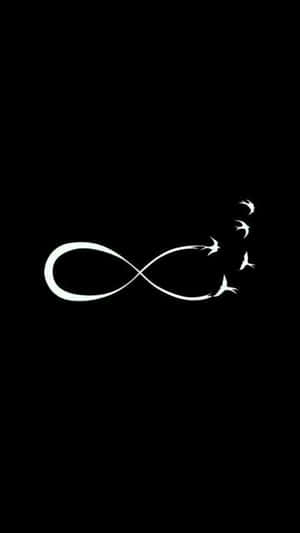 白色無限符號，鳥從其曲線中出現，背景為黑色。 — 太空美學 GIF 壁紙