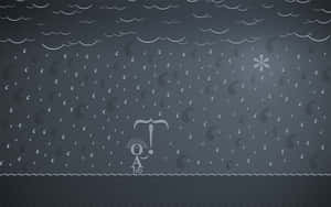 一個風格化的人物在雨和雲下撐著雨傘，採用極簡的黑白設計。 — 雨天 壁紙