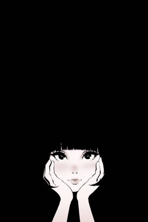 動漫女孩，劉海，雙手托腮，黑色背景。 — 簡約動畫 壁紙