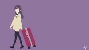 動漫女學生穿著校服在紫色背景上拖著紅色行李箱。 — 簡單 壁紙