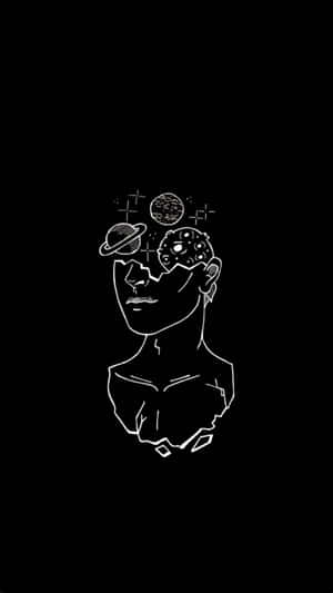 一個風格化的半身像，頭部有行星漂浮，呈現宇宙主題。 — 黑白藝術 壁紙
