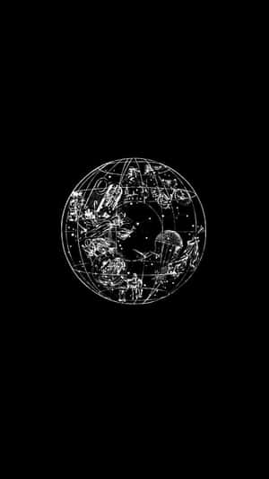 一個白色線條藝術地球，帶有星座和天體圖案，背景為黑色。 — 黑色電話 壁紙