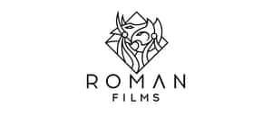 Roman Films 標誌，以乾淨的黑色線條在菱形內呈現風格化的面孔。 — 超寬螢幕 壁紙