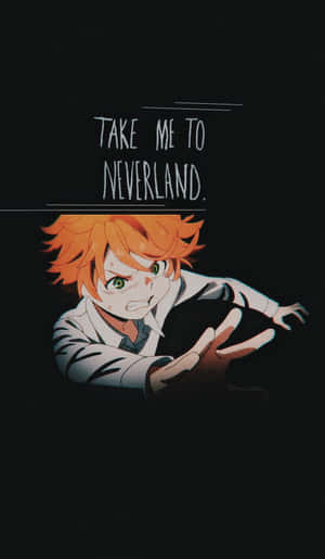橙色頭髮的動漫角色在黑色背景上伸出手，上面寫著「TAKE ME TO NEVERLAND」。 — Galaxy Tab A 壁紙