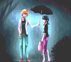 一個男孩在雨夜中用雨傘保護一個女孩。 — 奇迹少女 壁紙