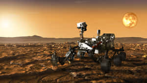 火星表面上的探測車，橙色天空和大月亮 — 行星 壁紙