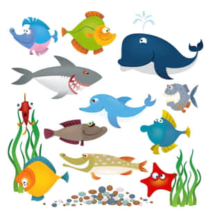 卡通海洋動物，如魚、鯊魚和海豚，在一個有海藻和鵝卵石的水下場景中。 — Galaxy Z Flip7 FE 壁紙